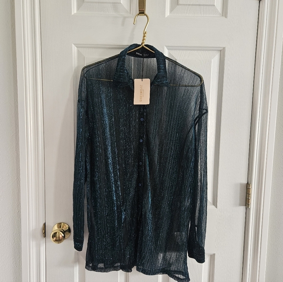 SHEIN Tops - NWT SHEIN Bae Drop Shoulder Glitter See Through Mesh Button Front Shirt